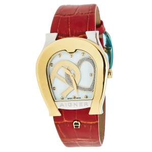 Aigner Mother of Pearl Two Tone Stainless Steel Leather Aosta A59200 Women's Wristwatch  35 mm