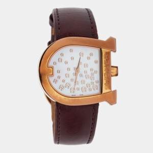 Aigner White Mother of Pearl Gold PVD Coated Stainless Steel Leather Genua A31600 Women's Wristwatch 31 mm