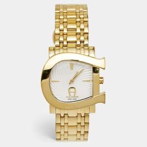 Pre Owned Aigner White Gold Plated Stainless Steel Genua Due A31600 Women's Wristwatch 34 mm