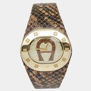 Aigner Crystal Paved Gold Plated Stainless Steel Leather Ravello Due A21000 Women's Wristwatch 43 mm