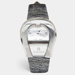 Pre Owned Aigner Mother of Pearl Stainless Steel Leather Venezia A39200 Women's Wristwatch 36 mm