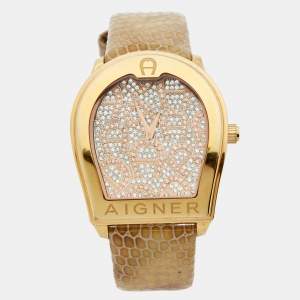 Pre Owned Aigner Gold Plated Stainless Steel Leather Verona A48000 Women's Wristwatch 39 mm