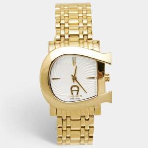 Pre Owned Aigner White Gold Plated Stainless Steel Genua Due A31600 Women's Wristwatch 34 mm