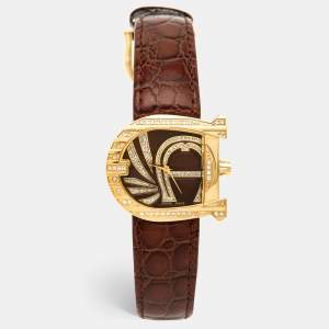 Aigner Brown Gold Plated Stainless Steel Diamond Leather Genua A31000 Women's Wristwatch 31 mm