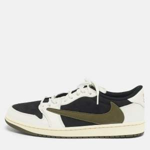 Pre Owned Air Jordans Multicolor Nubuck and Leather Jordan 1 Retro Low OG SP Travis Scott Olive Sneakers Size 44.5