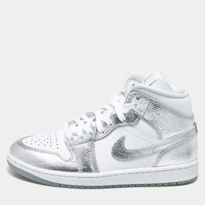 Pre Owned Air Jordans Jordan 1 SE Metallic Size 40.5 Silver/White Leather Mid Top Sneakers