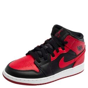 Air Jordan 1 Red/Black Leather Mid Banned Sneakers Size 38