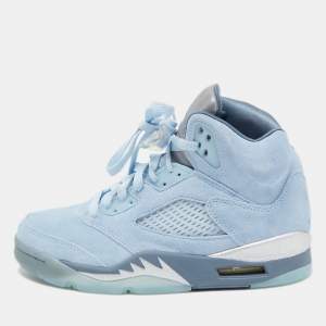 Air Jordans Ice Blue/Graphite Suede And Leather Jordan 5 Retro High Top Sneakers Size 37.5