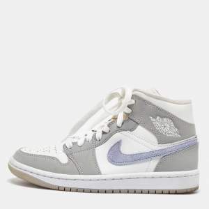 Air Jordans Grey/White Leather Air Jordan 1 Mid Wolf Grey Sneakers Size 35.5