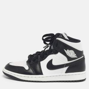 Pre Owned Air Jordans Black/White Leather Air Jordan 1 High Top Sneakers Size 36