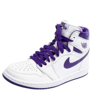 Air Jordan 1 White/Purple Leather Retro High OG Court Sneakers Size 38.5