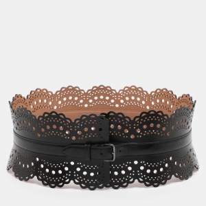 Pre Owned Alaia Black Laser Cut Leather Corset Belt 85CM