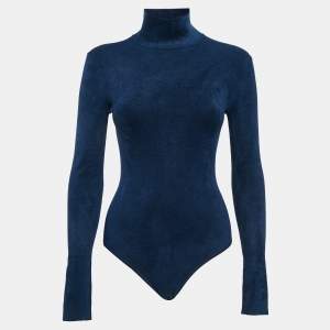 Alaia Blue Stretch Velvet High Neck Bodysuit S