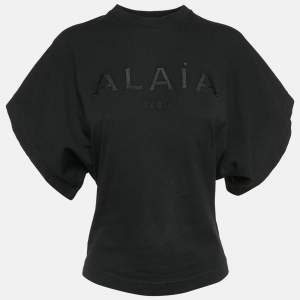 Alaia Black Logo Embroidered Cotton Wide Sleeve T-Shirt S