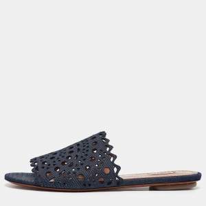 Alaia Navy Blue Laser Cut Denim Flat Slides Size 40