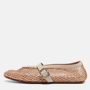 Alaia Beige Mesh and Patent Leather Buckle Strap Ballet Flats Size 37