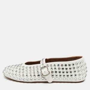 Pre Owned Alaia White Leather Crystal Embellished Mary Jane Ballet Flats Size 39