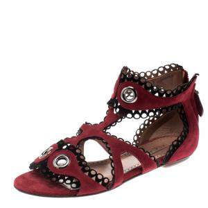Alaia Maroon Suede Scallop Trim Eyelet Embellished Ankle Cuff Flat Sandals Size 35