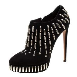 Alaia Black Suede Embellished Platform Ankle Boots Size 39.5