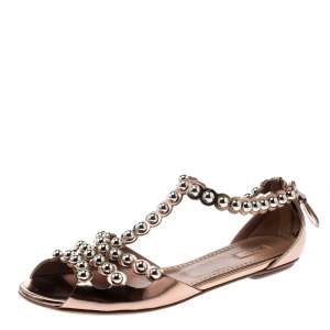 Alaia Brown Leather Studded T Strap Flat Sandals Size 40