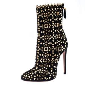 Pre Owned Alaia Black Suede Embellished Lazer Cut Ankle Booties Size 37