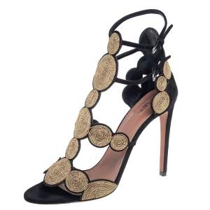 Pre Owned Alaia Black/Gold Suede Circle Embroidery Detail Ankle Strap Sandals Size 40