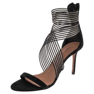 Pre Owned Alaia Black Suede and Net Crisscross Ankle Length Sandals Size 38.5