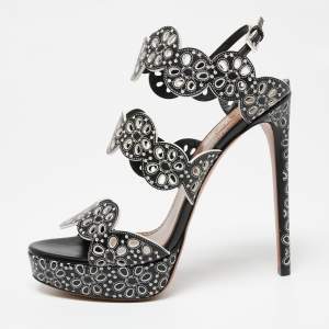 Alaia Black Laser Cut Leather Platform Strap Sandals Size 39.5