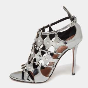 Alaia Metallic Grey Mirror Leather Caged Ankle-Strap Sandals Size 39.5