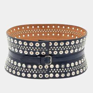 Pre Owned Alaia Navy Blue Leather Studded Corset Belt 70 CM