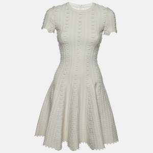 Alaia Cream Patterned Wool Blend Knit Mini Dress S