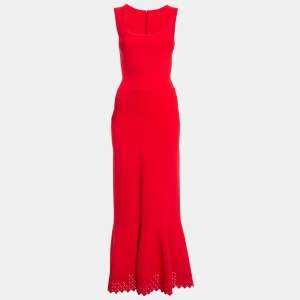 Alaia Red Stretch Knit Cut-Out Detail Hem Fishtail Maxi Dress M