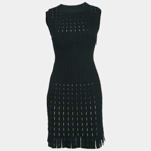 Alaia Black Stripe Stretch Knit Fringe Flared Mini Dress M