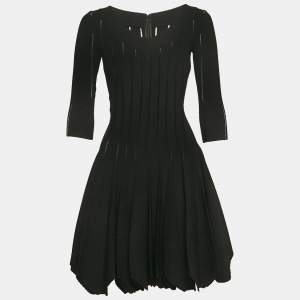 Alaia Black Textured Stretch Knit Scallop Short Dress S