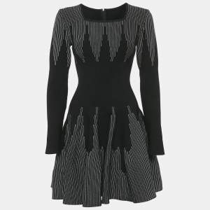 Alaia Black Stripe Detail Wool Blend Knit Fit and Flare Mini Dress M