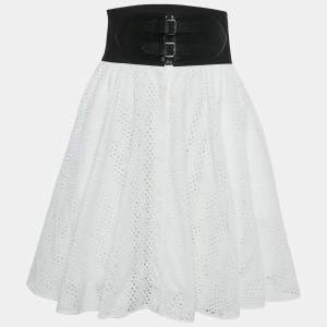 Alaia White Sangallo Cotton and Leather Trim Belted Skirt S