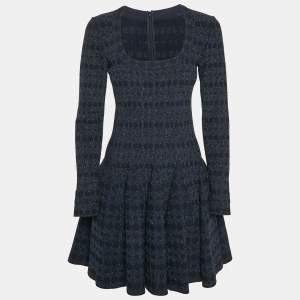 Alaia Navy Blue Lurex Knit Scoop Neck Flared Mini Dress M