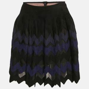 Alaia Black/Navy Blue Chevron Pattern Silk Blend Knit Mini Skirt M