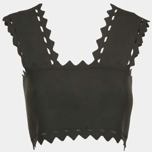 Alaia Black Stretch Knit Cut-Out Scallop Crop Top S