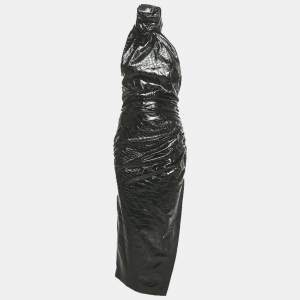 Pre Owned Alaia Black Crocodile Pattern Faux Leather Asymmetric Midi Dress M