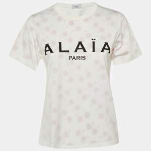 مملوكة مسبقًا Alaia White Floral Logo Print Cotton Crew Neck T-Shirt M 