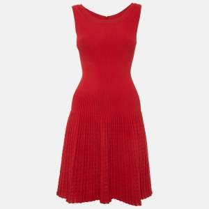 Pre Owned Alaia Red Textured Stretch Knit Flared Mini Dress S