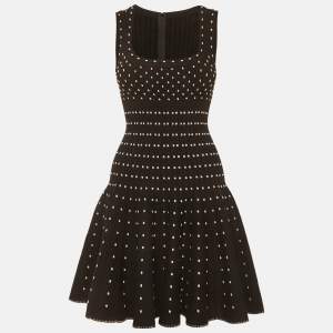 Pre Owned Alaia Black Polka Dots Rib Knit Flared Mini Dress S