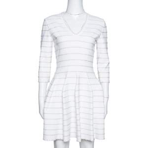 Alaia White & Beige Dotted Knit Fit & Flare Dress M