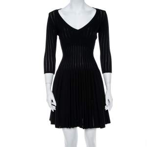 Pre Owned Alaia Black Perforated Rib Knit Fit & Flare Dress M