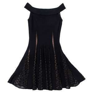 Pre Owned Alaia Black Knit & Lace Paneled Off-Shoulder Mini Dress M