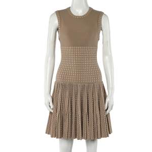 Pre Owned Alaia Beige Dotted Wool Knit Fit & Flare Dress M
