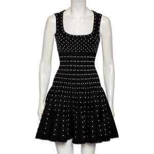 Alaia Black Wool Dobby Dotted Sleeveless Flared Dress M