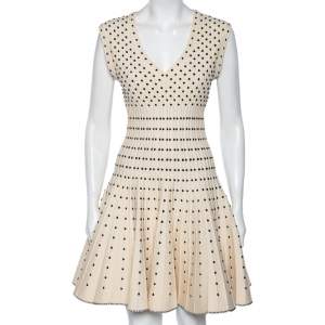 Alaia Monochrome Wool Dobby Dotted Sleeveless Flared Dress M