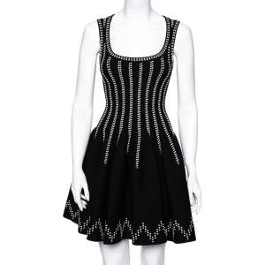 Pre Owned Alaia Black Wool Dobby Dotted Sleeveless Flared Dress S